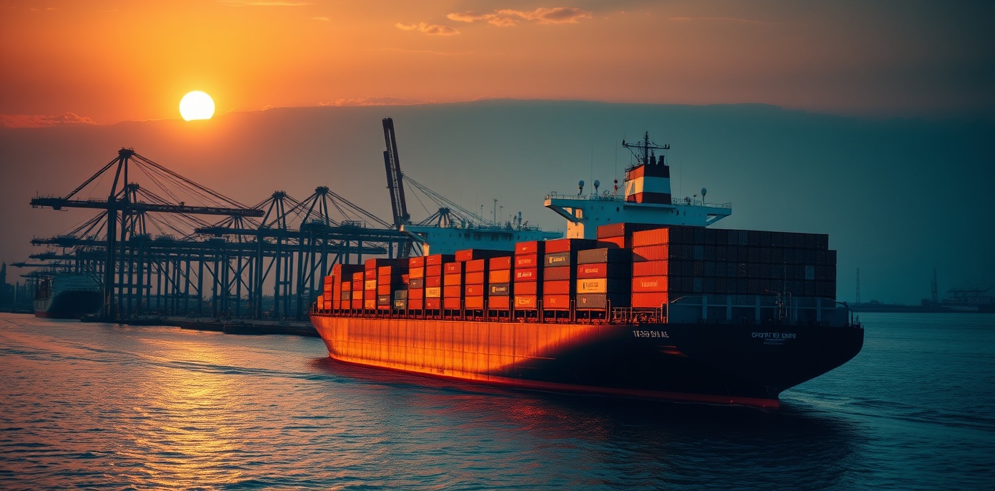 Global Trade - Cargo Ship at Sunset